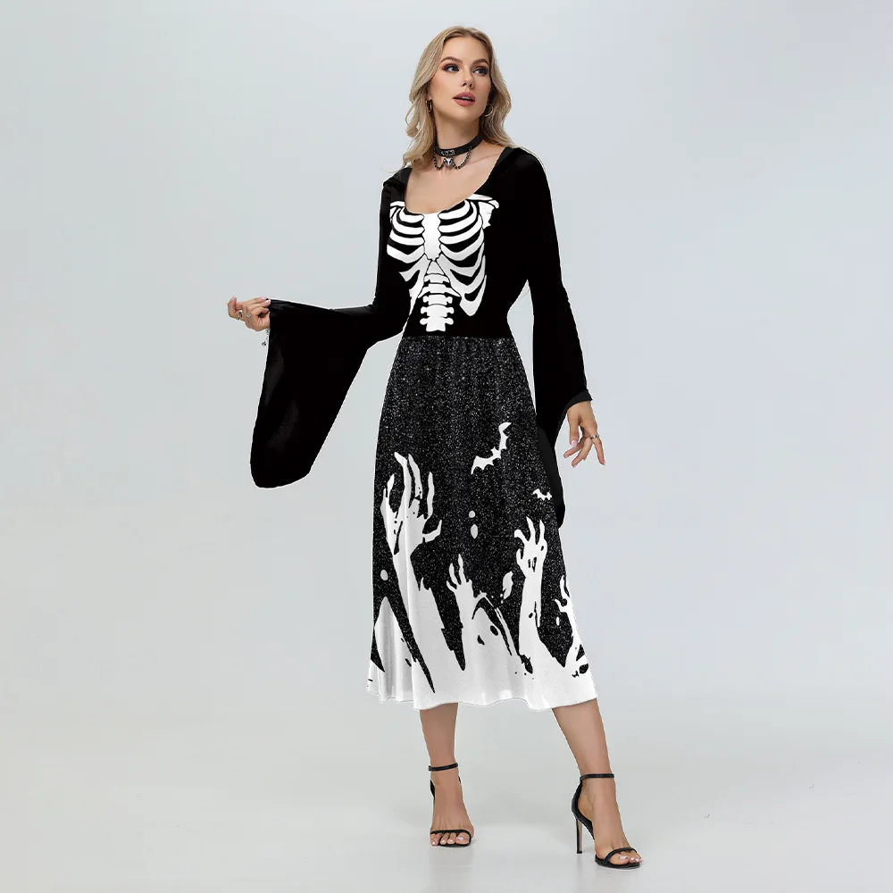 Costumes de Cosplay squelette d'halloween pour femmes, Robe médiévale, Robe de fête Vintage à capuche, vêtements effrayants de sorcière, jour des morts
