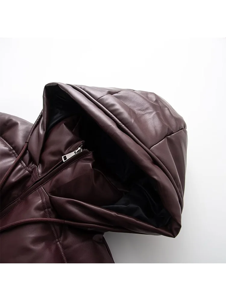 HH امرأة الشتاء طويلة الأكمام الرباط جيب الديكور سستة الصلبة معطف مقنع الإناث أسفل الجلود الاصطناعية ملابس قطنية #5