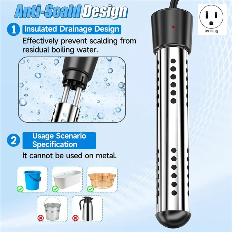 Calentador de agua de A05G-1500W, calentadores eléctricos portátiles de acero inoxidable 304, para cubos de bañera de piscina, autocaravana, Camping, enchufe estadounidense al aire libre