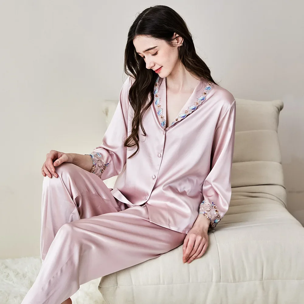

19MM 100% Mulberry Silk Long Sleeve Sleepwear Lapel Pajamas Set Luxury Lace Women's Pajama Set Loungewear Pj Nightwear Pyjama