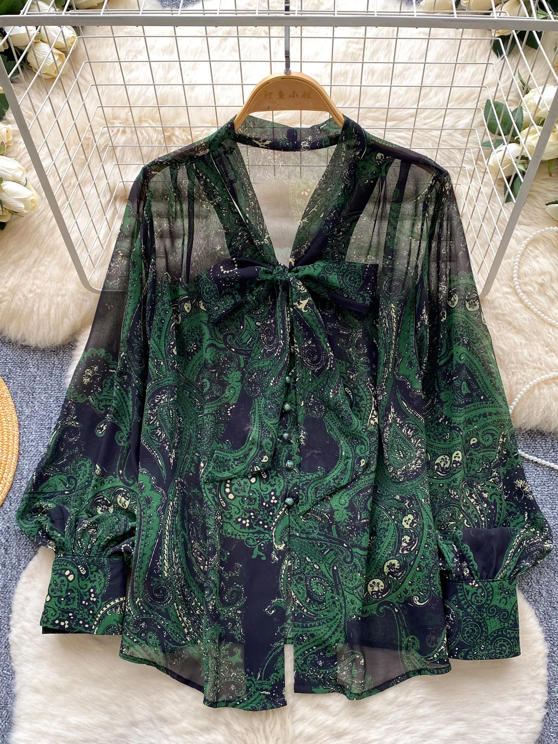 

Commute Style Long Sleeve Printed Shirt Women's Loose Fit Knot Open Cardigan Versatile Top Slimming Effect Korean V...