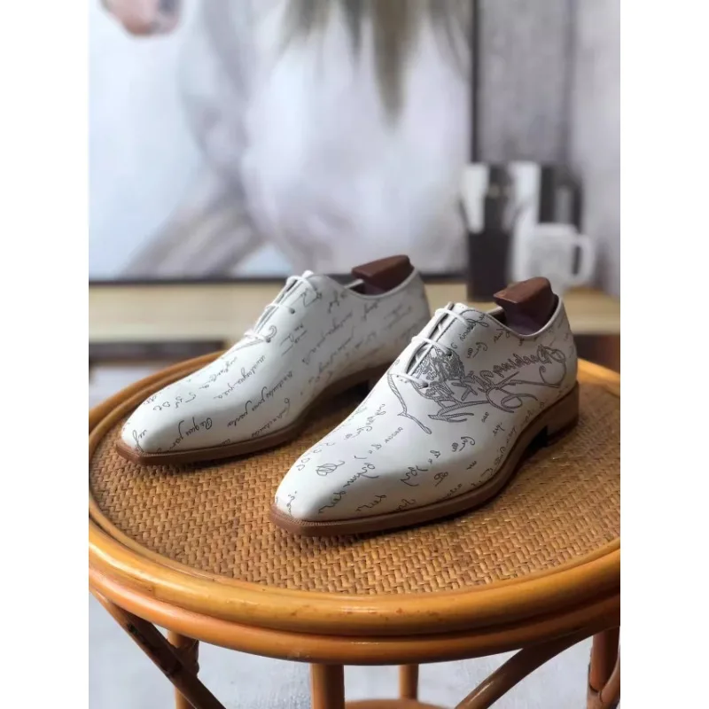 2024 Handmade Mens Luxury Wedding Party White Dress Sqaure Toe Lace Up Business Man Work Cowhide Genuine Leather Formal Shoes