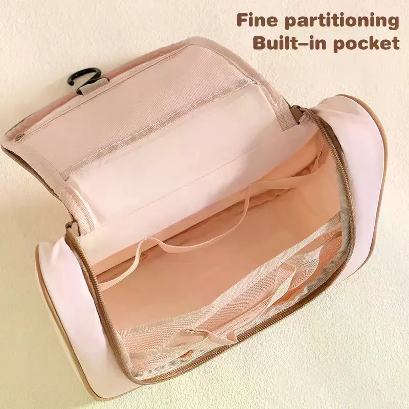 Cartoon Embroidery Cosmetic Bag for Daily Use with Hanging Hook and Separate Compartments Travel Toiletry Makeup Organizer