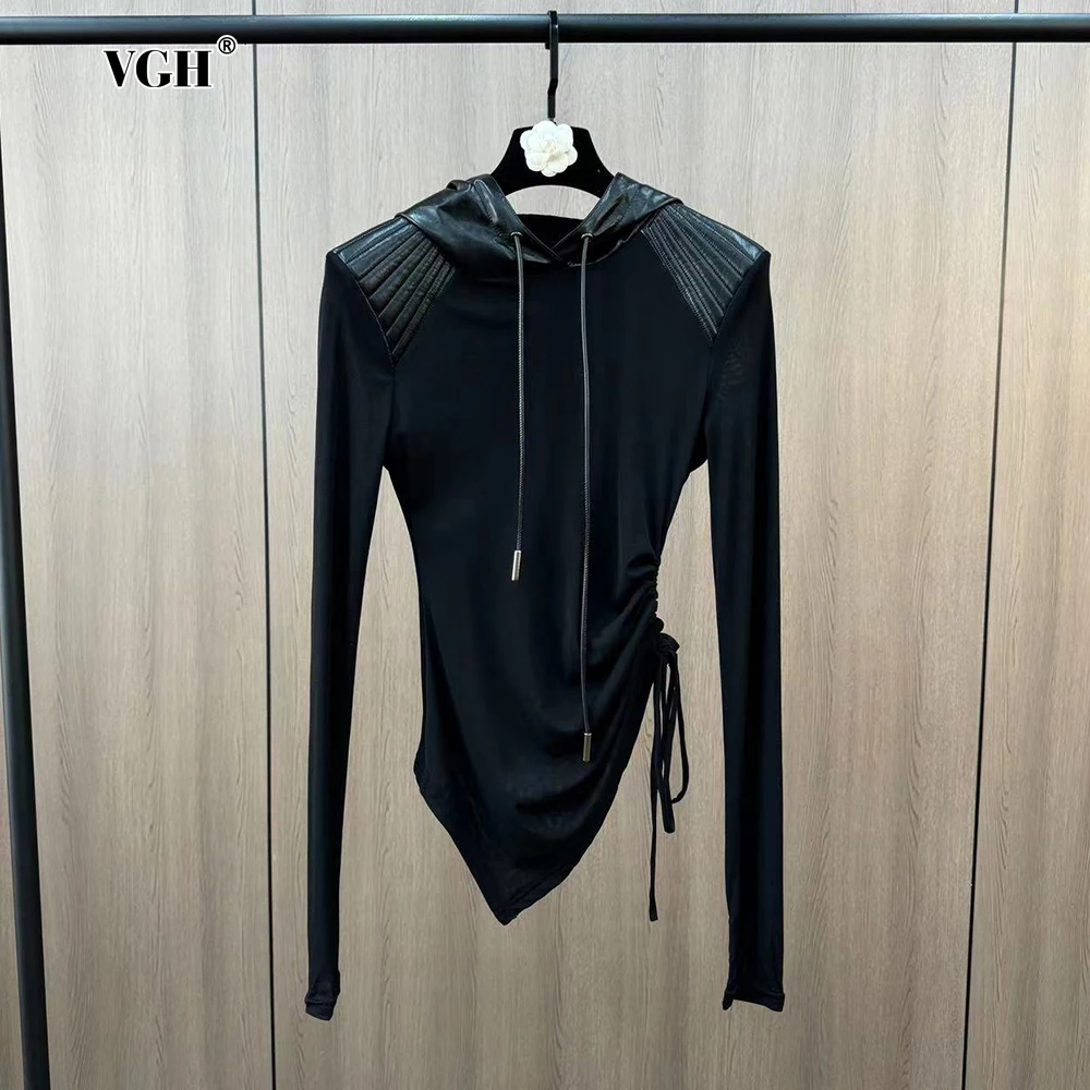 

VGH Solid Spliced PU Leather Shoulder Pad Slimming T Shirt Hooded Long Sleeve Patchwork Lace Up Chic Tops Female Fashion Style