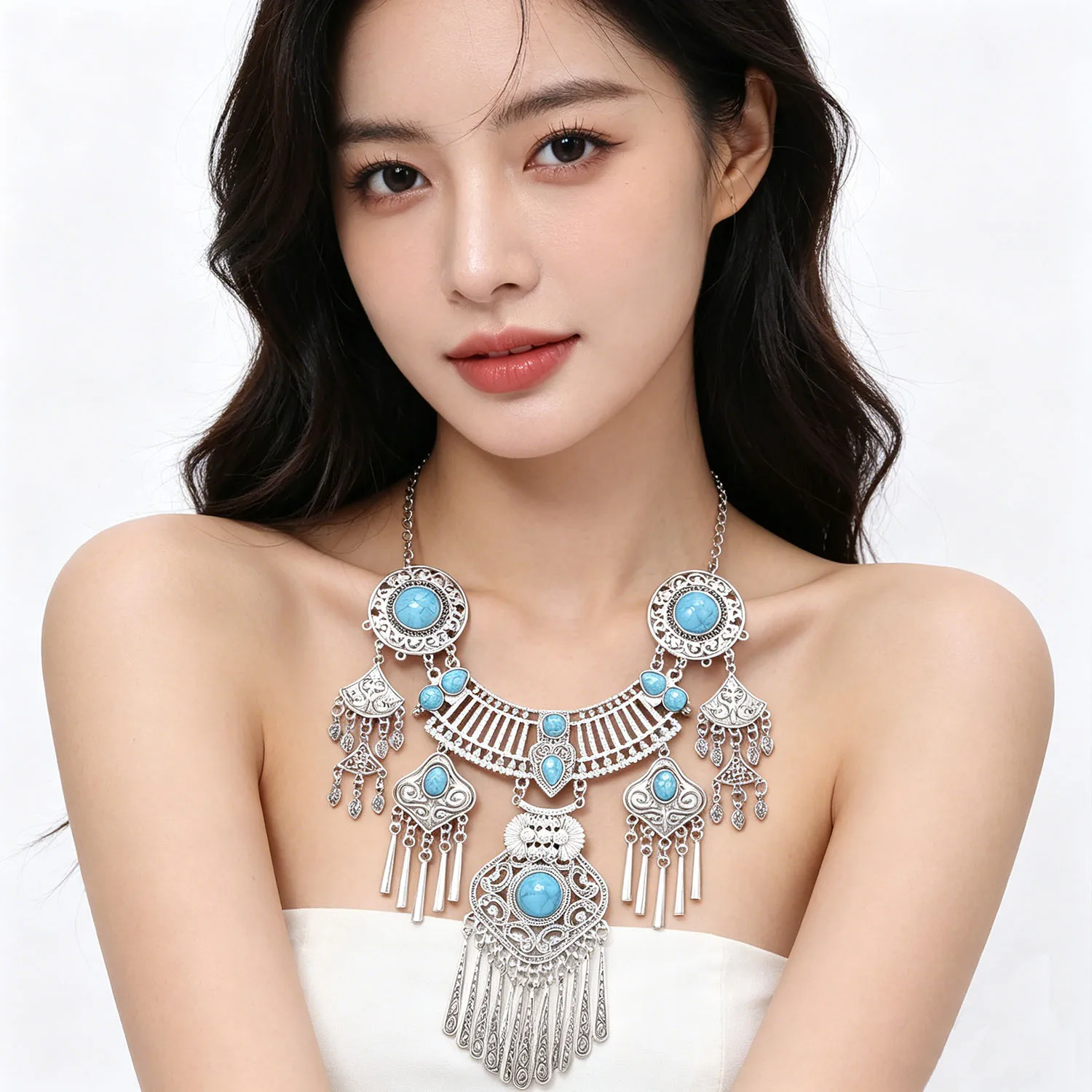 

Gypsy Bohemian Turquoise Pendant Necklaces for Women Big Chunky Tribal Vintage Silver Geometry Festival Turkish Party Jewelry