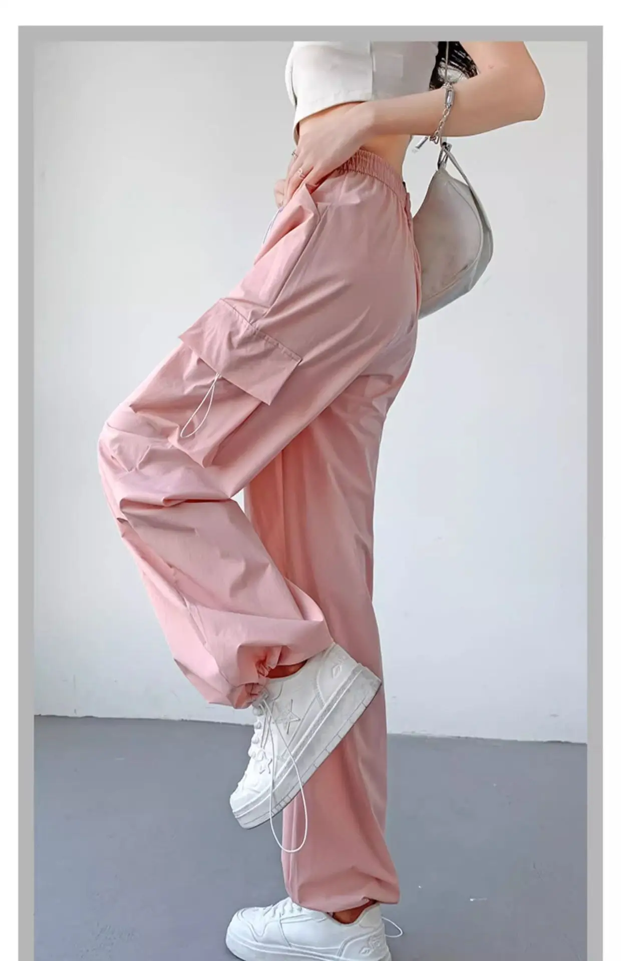 Women American Thin Cargo Pants Spring Summer Loose Wide Leg Hiking Casual Sports Drawstring Trousers Multi Shades