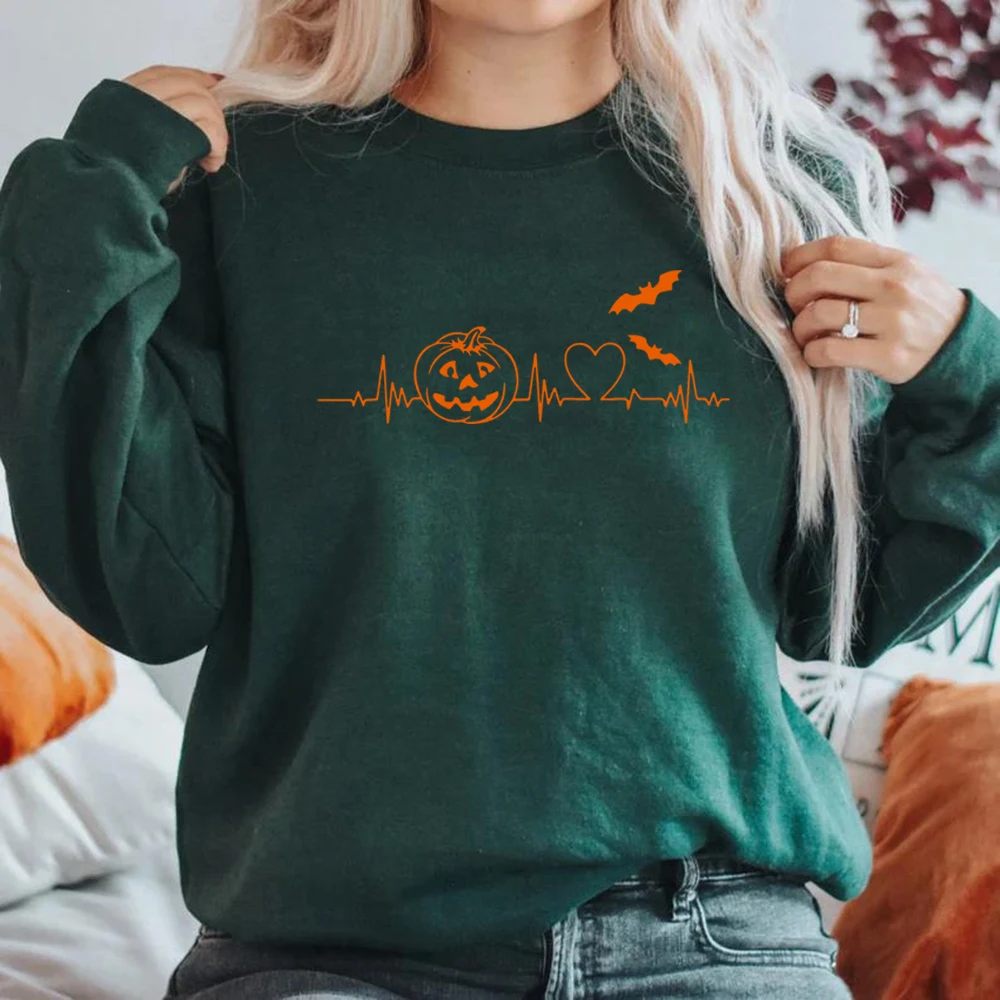 Halloween Pumpkin Heartbeat Sweatshirt Funny Fall Sweatshirt Spooky Season Graphic Hoodies Autumn Pumpkin Lover Pullover Tops