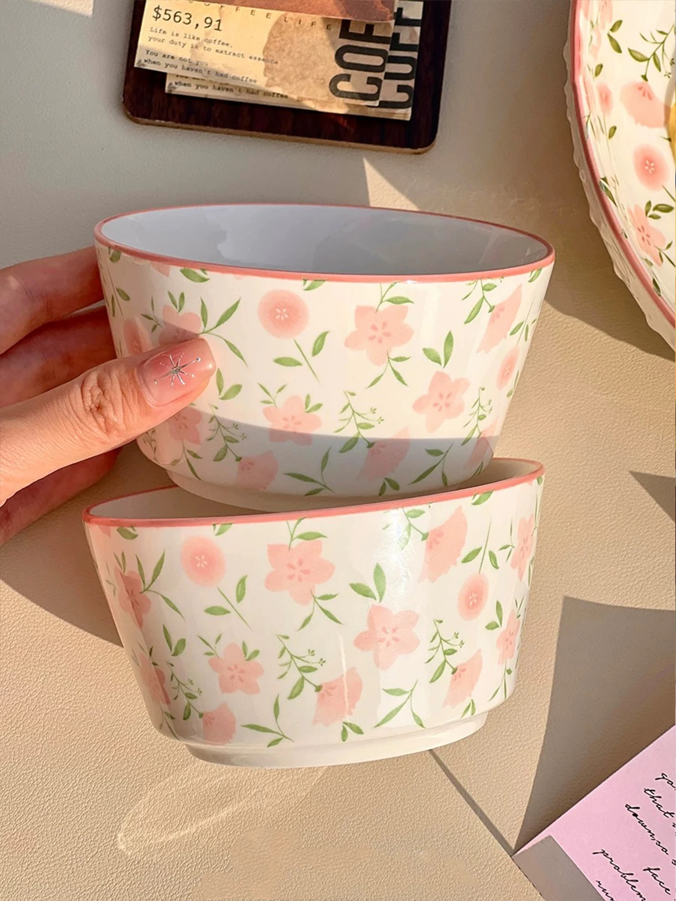 

1pcs Korean style pink floral rice bowl cute girl heart ceramic underglaze bowl household yogurt bowl soup bowl