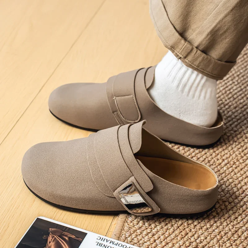 Zapatillas tipo zuecos Unisex para mujer y hombre, zapatos de patata a la moda, zapatillas con plantilla de corcho de cuero con soporte para arco, zapatos de playa