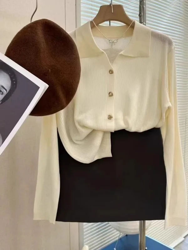 POLO lapel cashmere knit cardigan women's spring and autumn thin loose sweater short wool coat 3