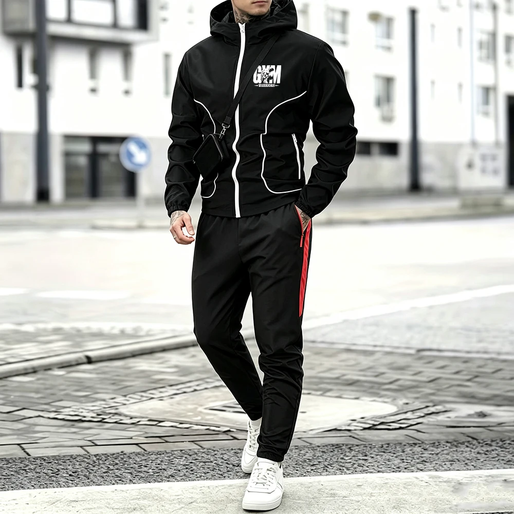 Mens Casual Tracksuit Set White Line Hooded Jacket Gym Warrior Letter Print & Side Stripe Trousers 2 Pcs Zipper Pocket Suit