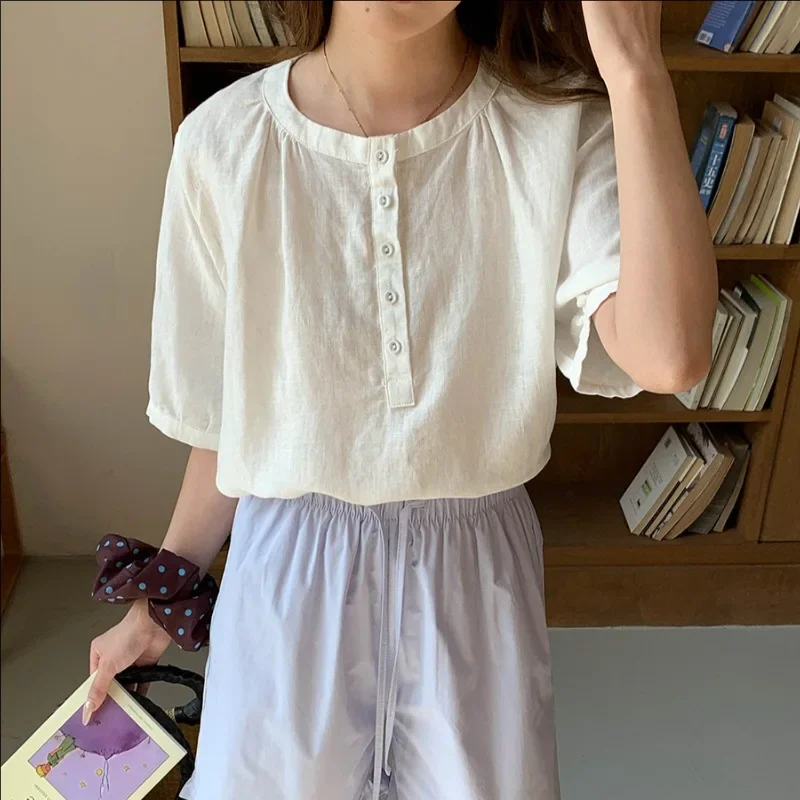 

Summer New Casual Loose Linen Short Sleeve Shirt for Women Comfortable Breathable Lightweight Fashion Top