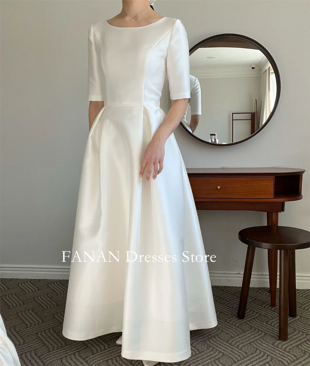 FANAN Korea Boat Neck Half Sleeves Wedding Dresses 웨딩드레스 Ivory Vintage A-Line Corset Satin Custom Made Bride Gowns Plus Size