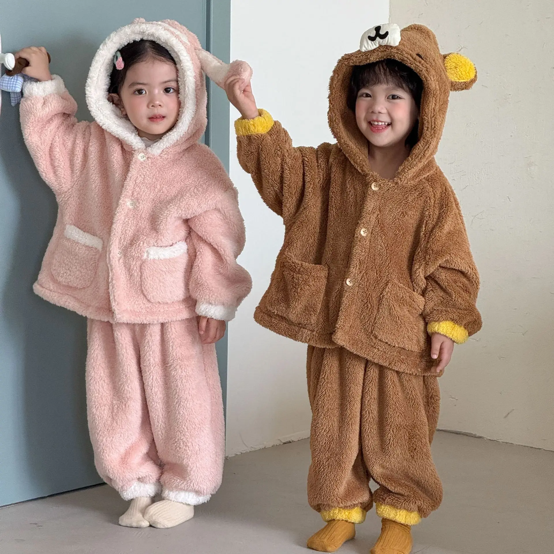 2026 Winter New Children Coral Fleece Home Clothes Set Boys Girls Cartoon Hooded Tops + Pants 2pcs Suit Kids Pajamas Outfits