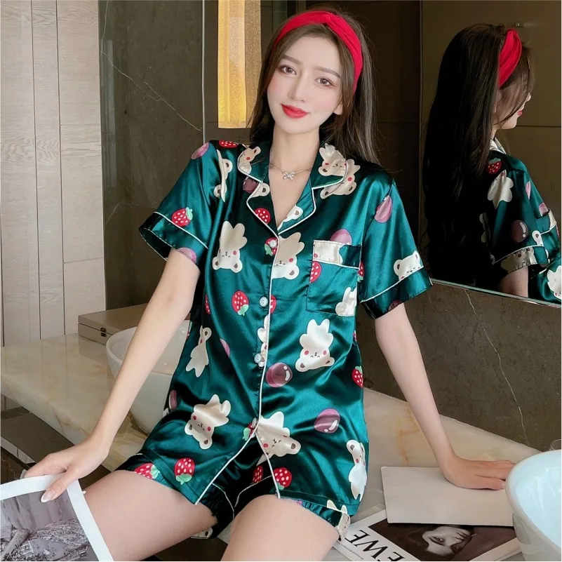 Strawberry Women Pajamas Sets Silk T-shirt with Shorts 2022 Summer Bear Printed Stain Two-piece Sleepwear Casual Home Suit Lady