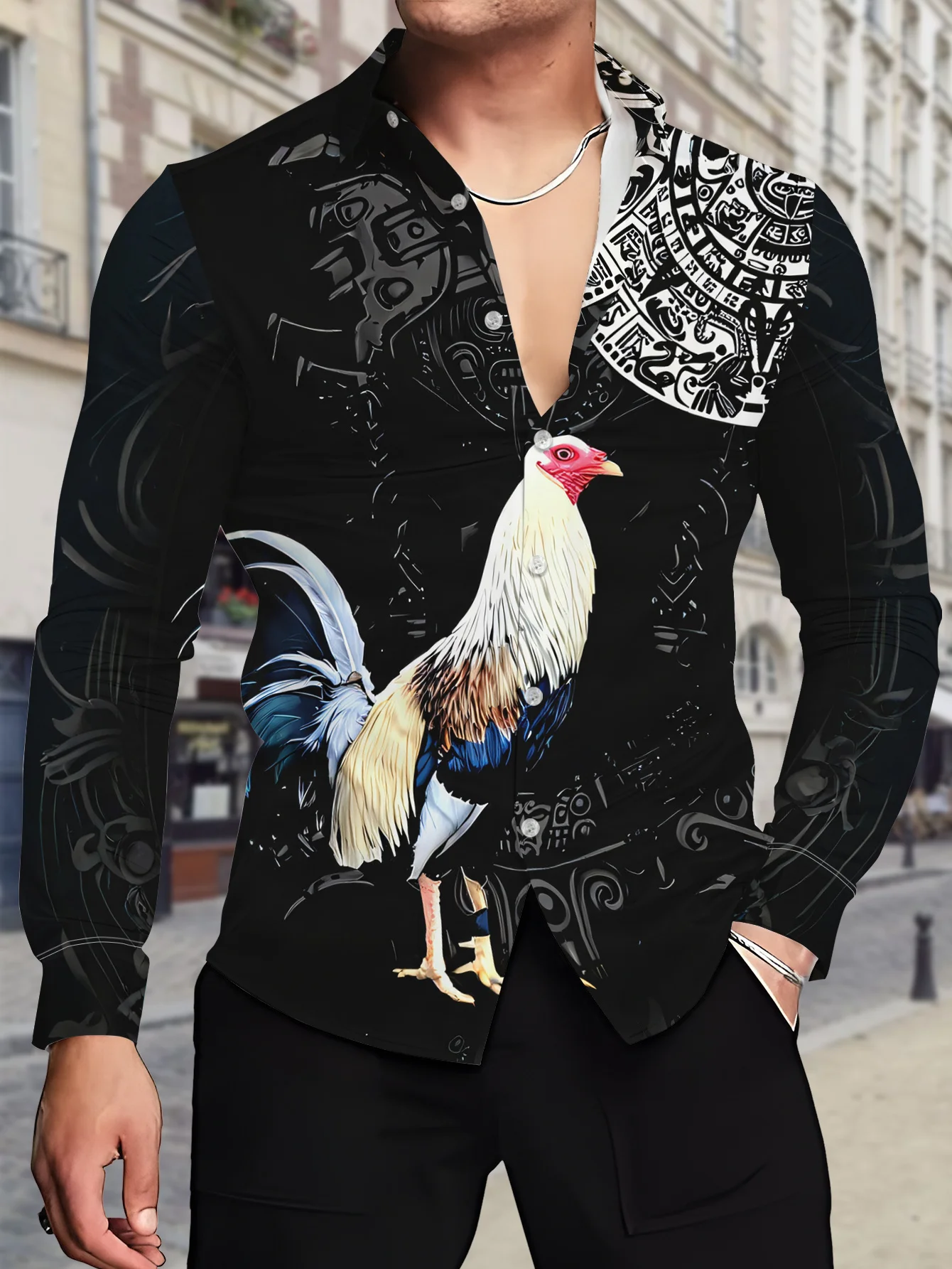 Ethnic Style Men Lapel Collar Shirt Black Base Fighting Cock Ancient Tribal Pattern Polyester Long-Sleeve Blouse