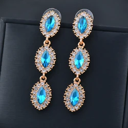 SINLEERY luxury black blue oval stones long drop earrings for women wedding accessories trend