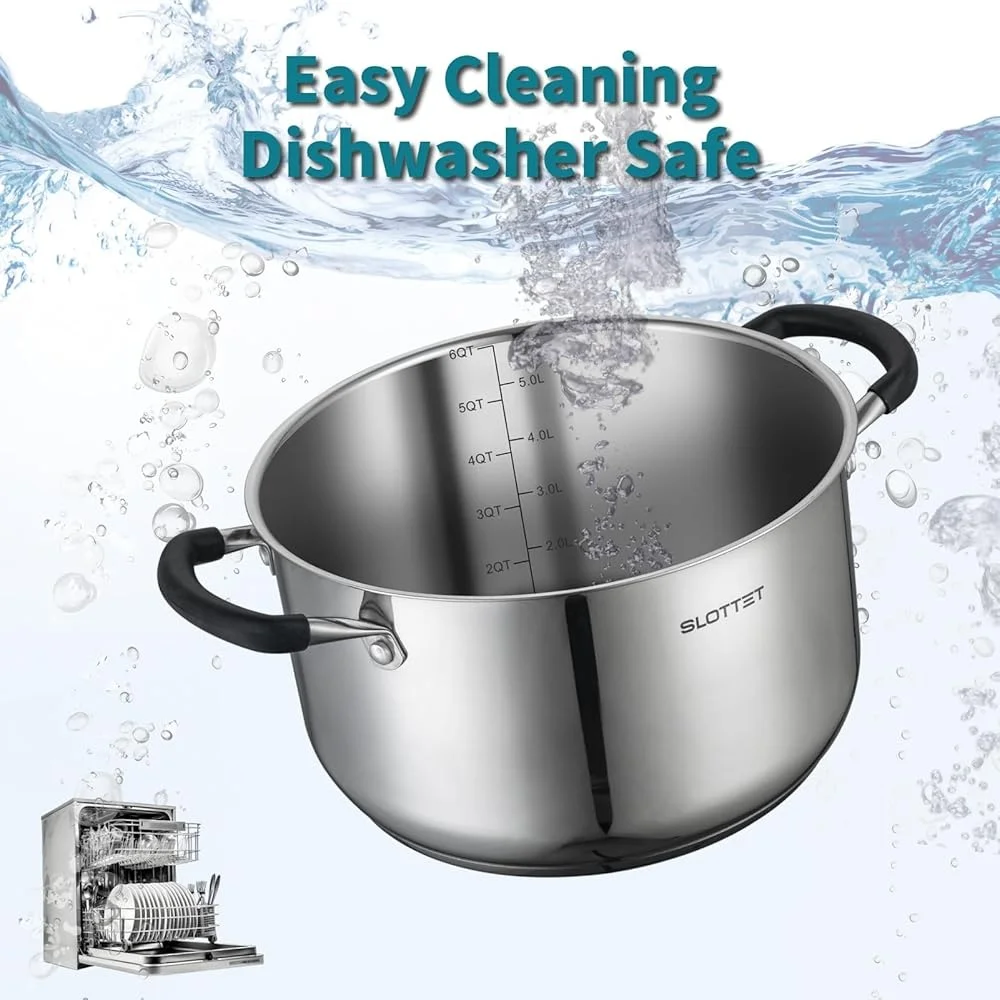 6 Quart Stainless Steel Stock Pot with Steamer Cool Handle Glass Lid Induction Gas Oven Safe Multi-Purpose Cookware Space Saving