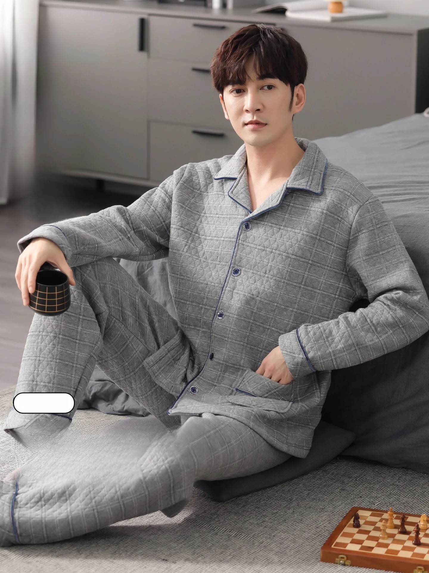 Thickened Pure Cotton Pajamas Men's Style Winter Home Clothes Two-Piece Set Gray Collar Home Comfortable Long Sleeve Sleepwear
