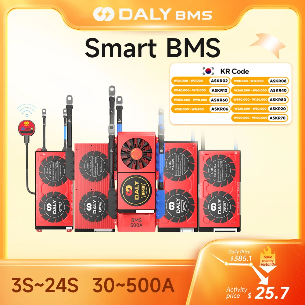 Daly 스마트 BMS 리튬 이온 7S LiFePo4 4S APP BMS 8S 24V Lifepo4 BMS 16S 48V 병렬 블루투스 태양 에너지 인버터 보조베터리