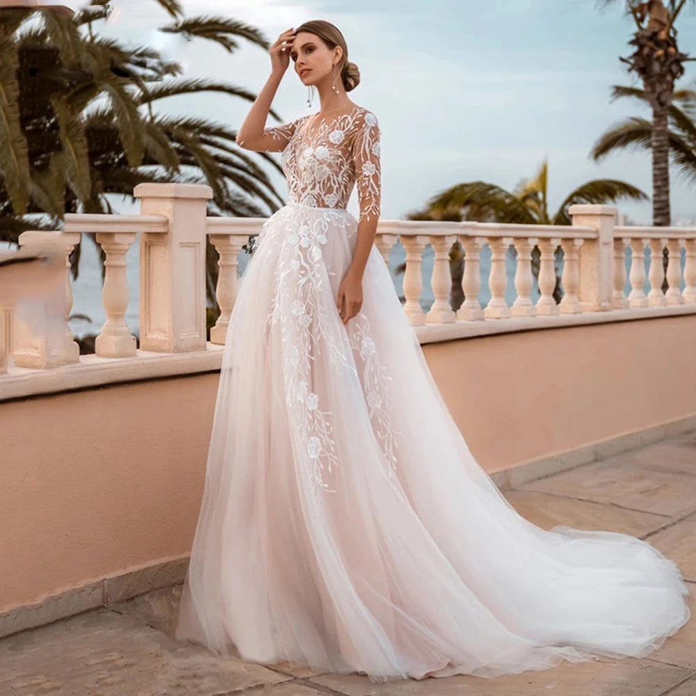 Lindo vestido de noiva gola redonda, vestido de manga cheia, estilo princesa, fascinante sereia esfregando, estilo bonito