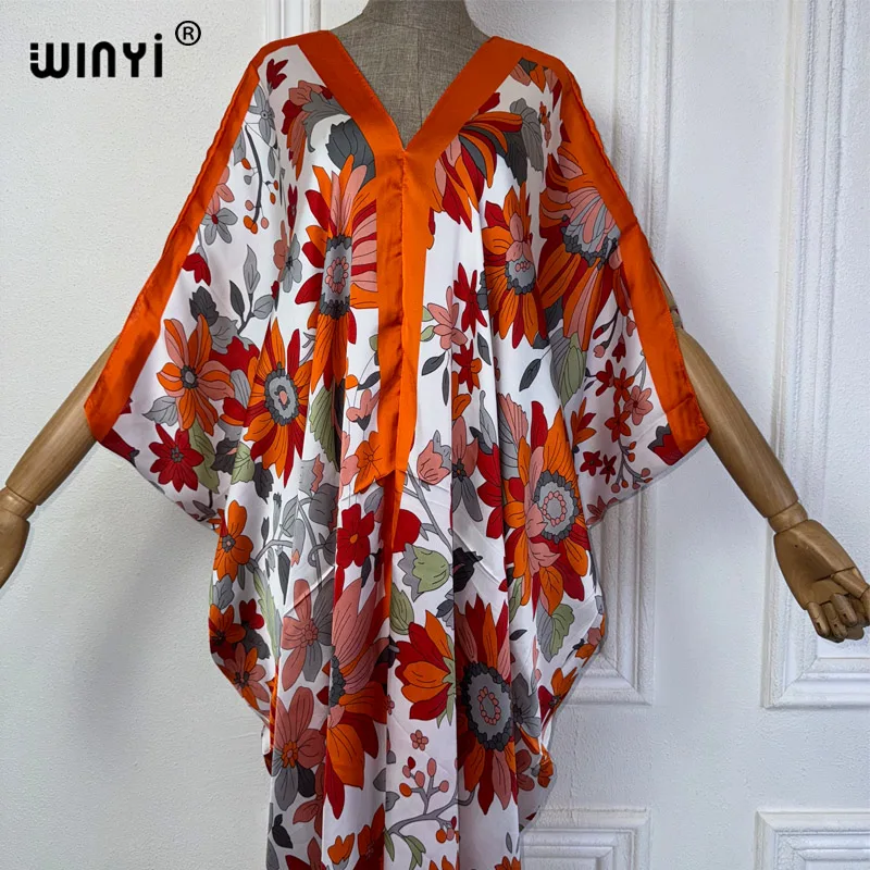 WINYI Summer african V-neck dress Printed beach wear women 2024 Loose Femme Robe Muslim beach cover ups silk feel evening dress