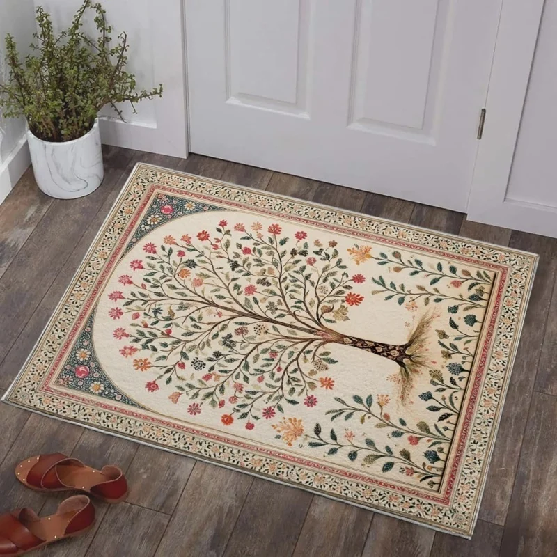 Vintage Floral Tree Of Life Door Mat Non Slip Entrance Doormat Antique Multi Color Wild Flower Branch Pattern Floor Rug
