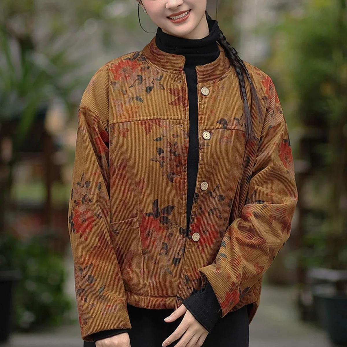 

Женские вельветовые куртки на флисовой подкладке в стиле бохо, короткая верхняя одежда на пуговицах с цветочным принтом в стиле ретро, осенне-зимние высокие и низкие пальто с карманами