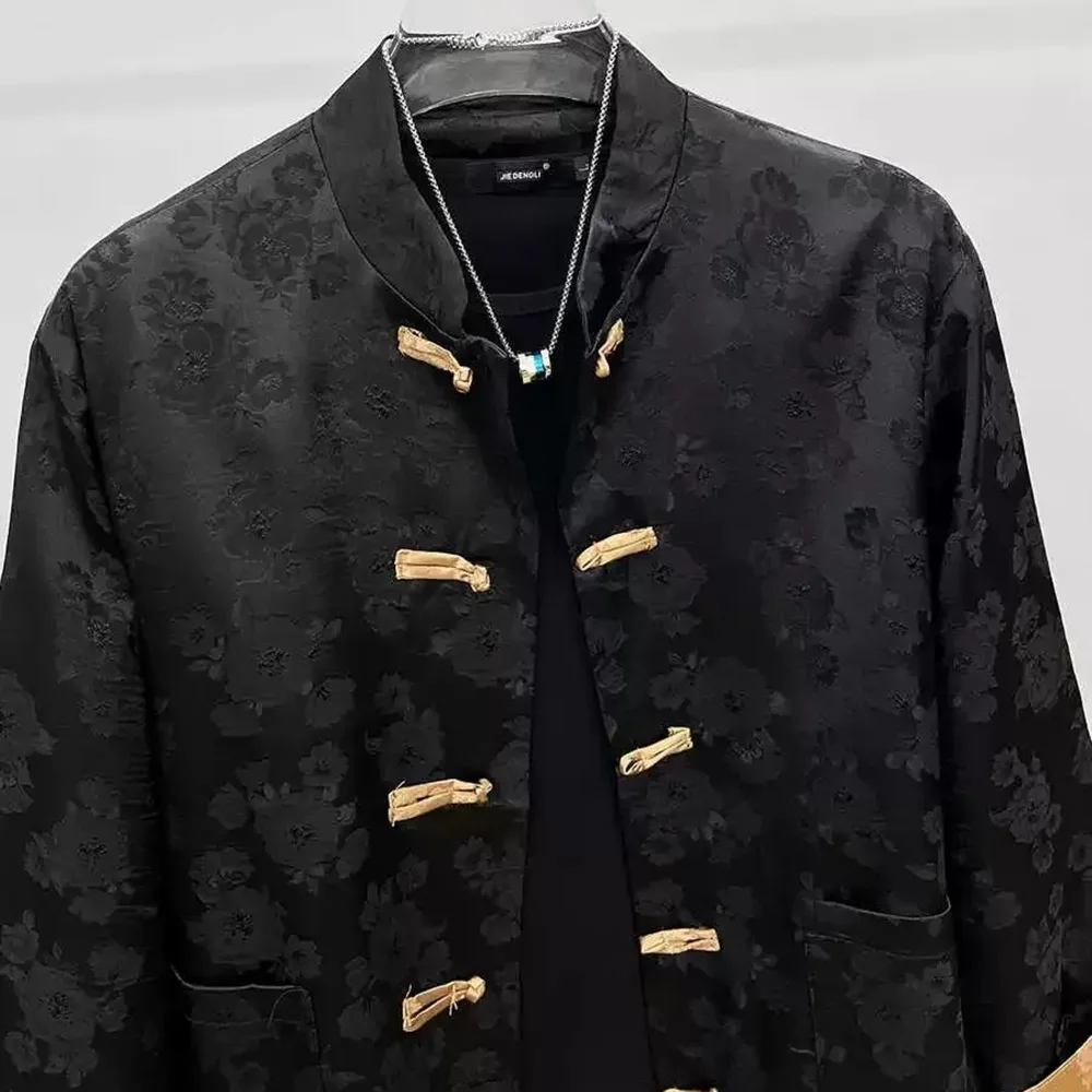 Camisa para hombre, camisa de Jacquard chino, Cheongsam de Color contrastante de otoño, botón elegante para fiesta, Top de manga larga de lujo, ropa para hombre