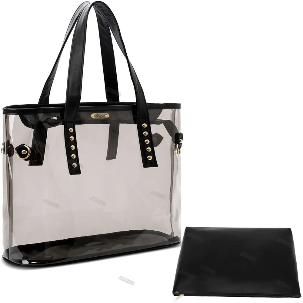 Grand Sac à Main Transparent pour Femme, Fourre-Tout d'Été, de Plage, Noir, Étanche, à Épaule en Pvc, ABLPVC01, 2023