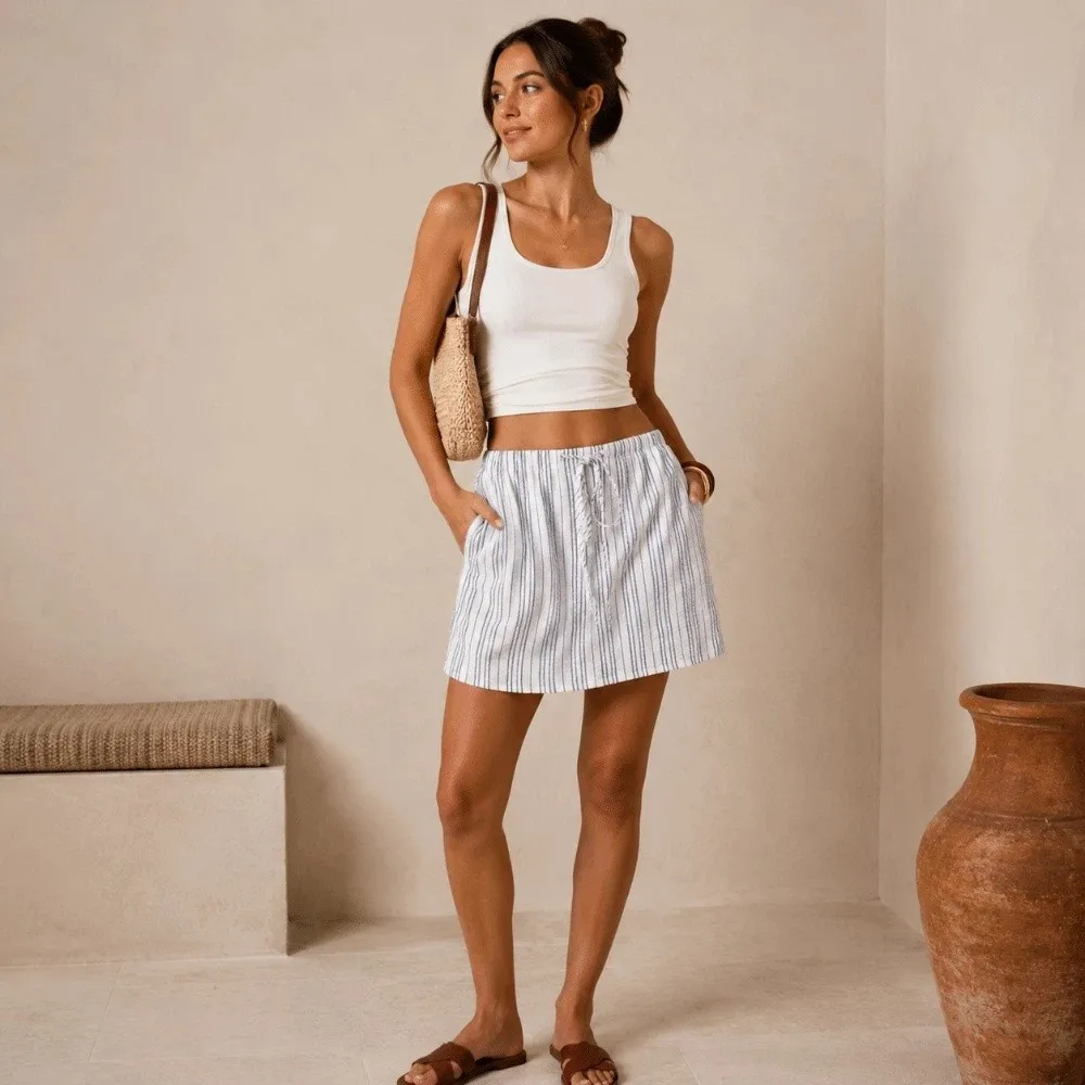 

Fashion Drawstring Mini Shorts Skirt Loose Fit Striped Print Skorts Women Pocket Design Summer Beach Shorts Casual Wear