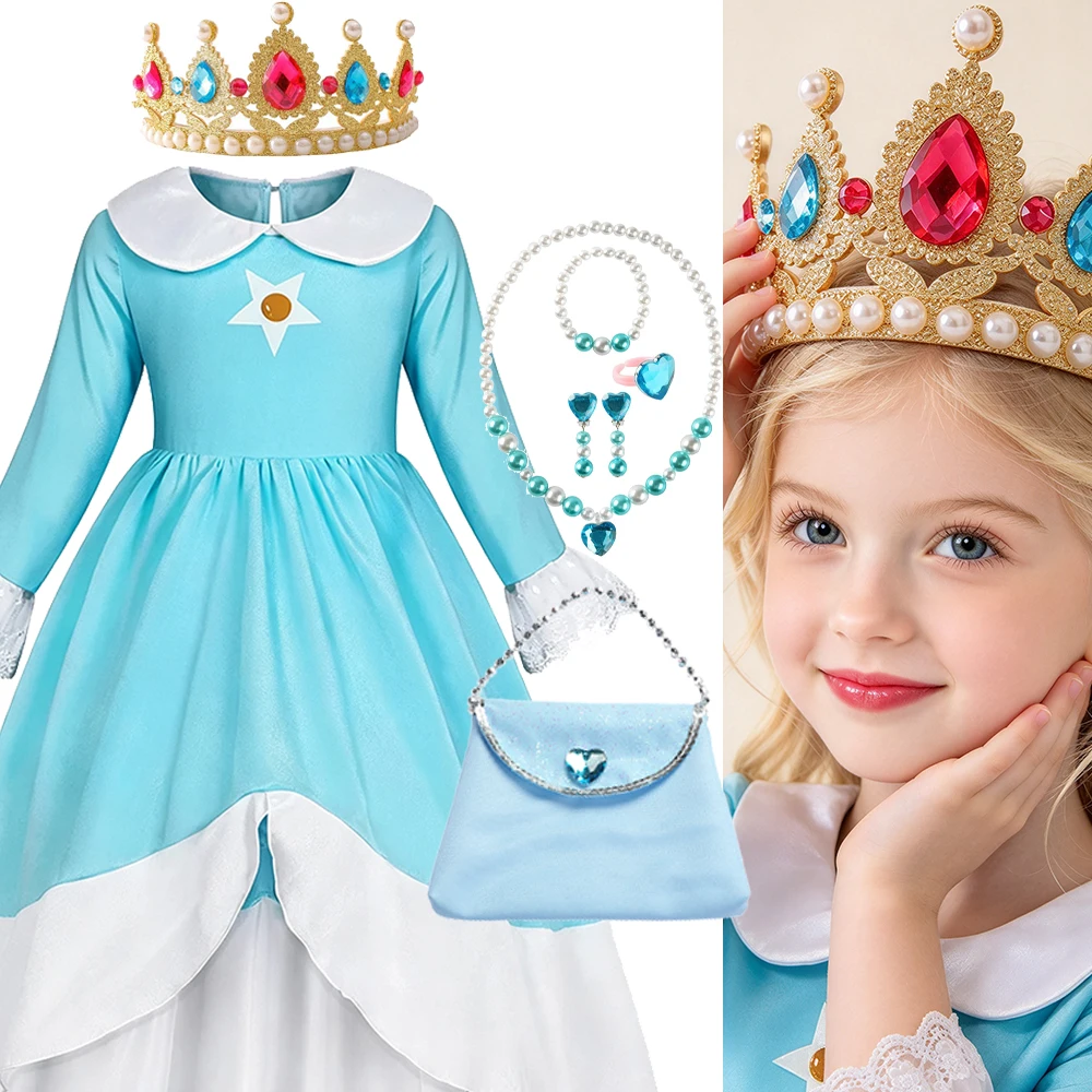 Girls Light Blue Princess Fancy Dress Set Long Sleeve Tulle Costume with Crown Handbag Gloves for Birthday Role Play Party
