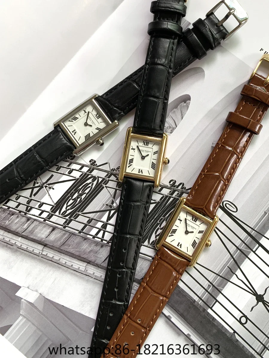 Italian campo Roman numeral minimalist niche retro square high-end small tank leather watch for women