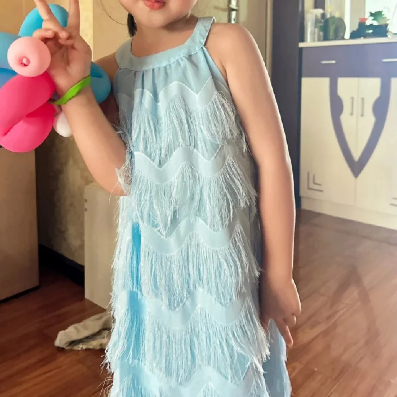 

2023 Summer New Arrival Girls Sleeveless Halter Feather Sku Blue Cute Roupa Infantil Menina Cute Party Dress Custume 18M-6T