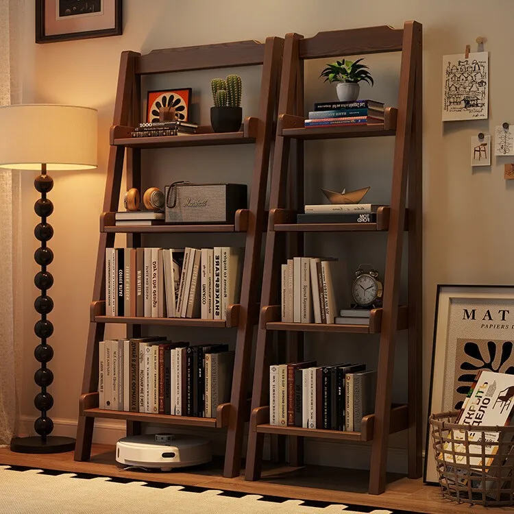 

Solid wood trapezoidal bookshelf floor shelf, multi-layer storage display shelf stepped bookcase