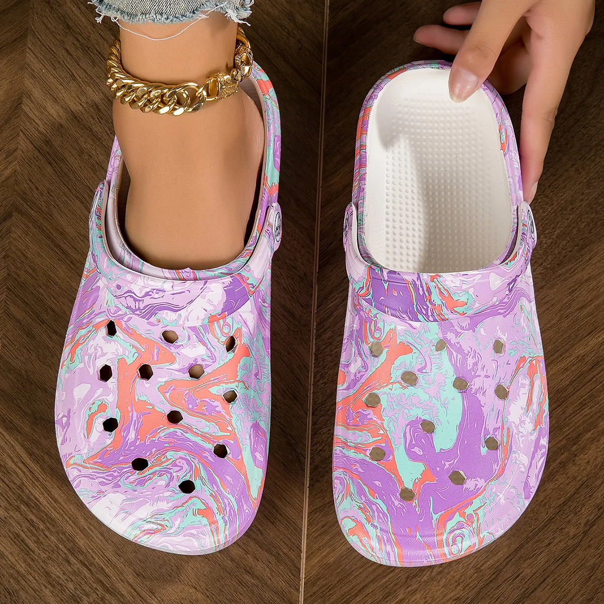 Garden Clogs Comfortable Women\'s Tie-dye Pattern Clogs, Slip On Lightweight Two-way Wear Clogs, Non-slip Summer Beach Slides
