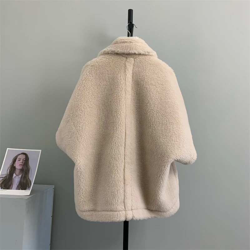 New Elegant LooseTeddy Bear Coat Shawl Cape Women Fashion Short Laepl Sheep Sheared Alpaca Fur Coat Silk Female Autumn Winter