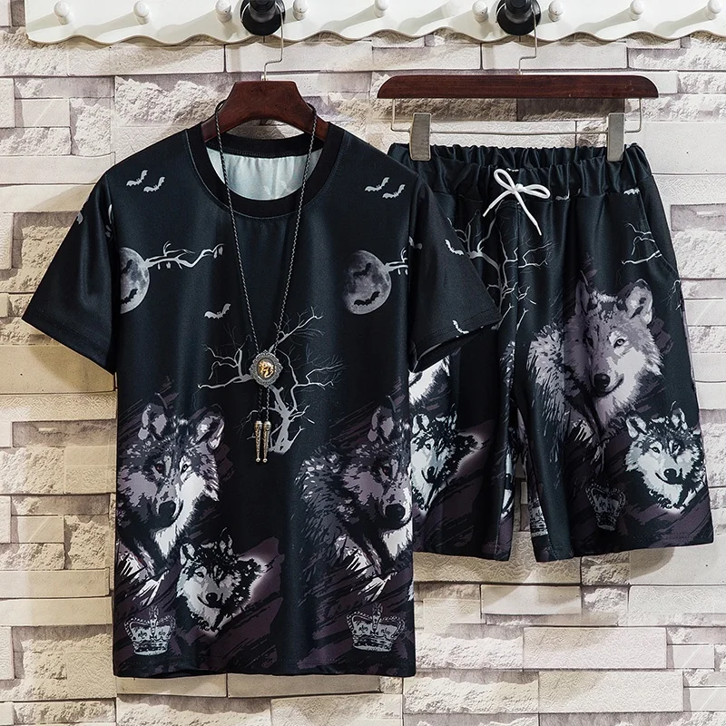 

Men's Short Sleeve Set Proudly Unruly Wolf Print Round Neck Short Sleeve Shorts Set Fashion Casual Y2k Men's Two Piece Clothing