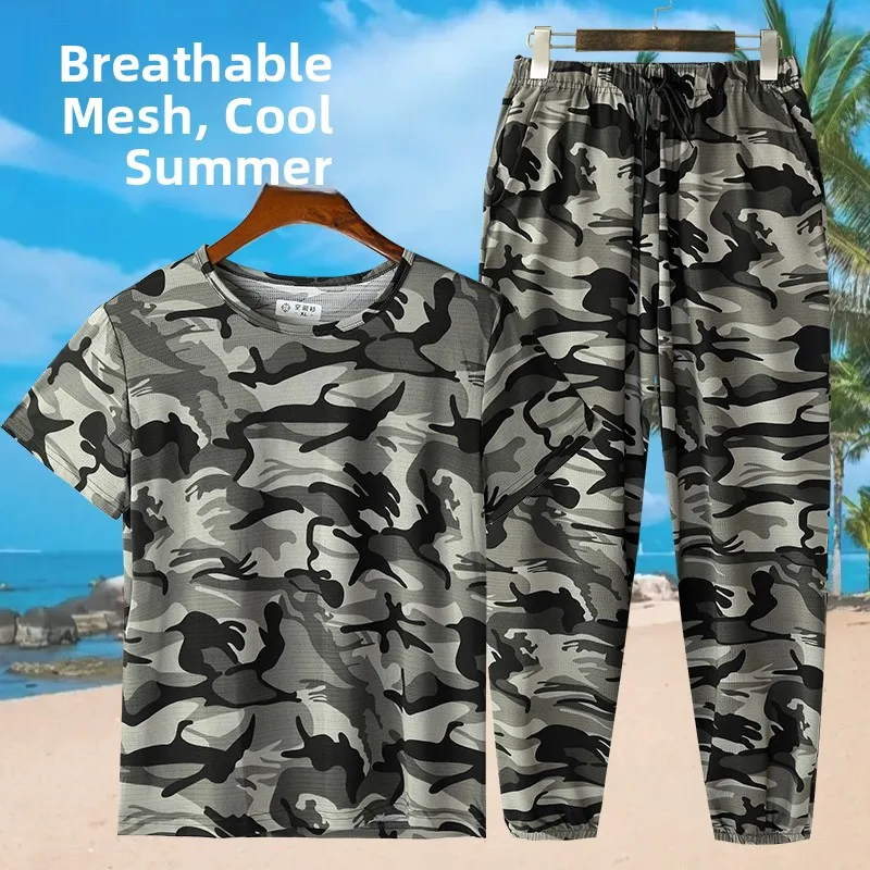 Summer Camouflage Men Women Short Sleeve Loose Fit Ice Silk Ultra Thin Quick Dry Comfortable Large Size Elastic T-Shirt Set