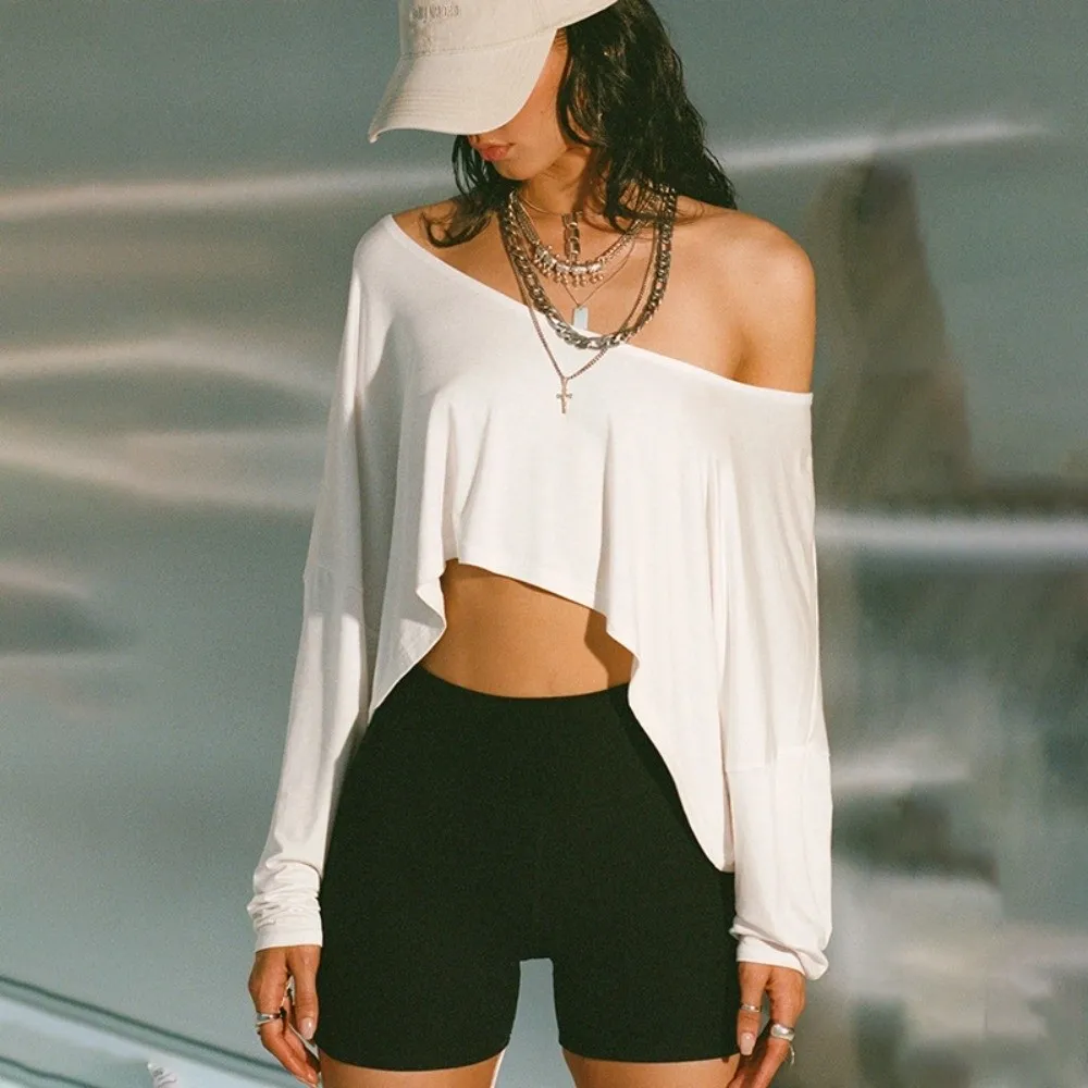 

Fashion Long Sleeve Off-shoulder Crop Top Sexy Oversized Loose T-shirt Coat Pure-color Shirt Top Spicy Girls