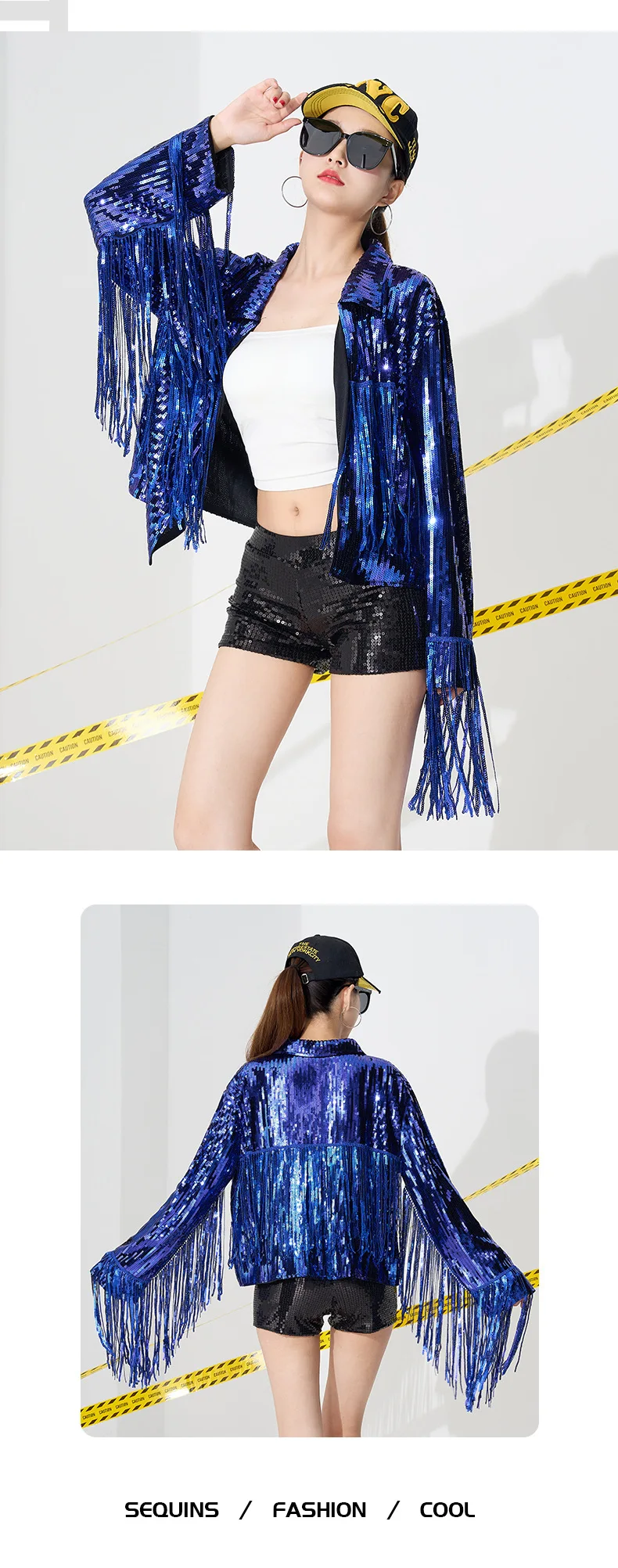 IOOTIANY Damen-Partyjacke mit goldenen und schwarzen Pailletten, glänzende, lässige Pailletten-Blazerjacke mit Fransen, geeignet für Bars, Nachtclubs und Bühnenauftritte. – Detail 9