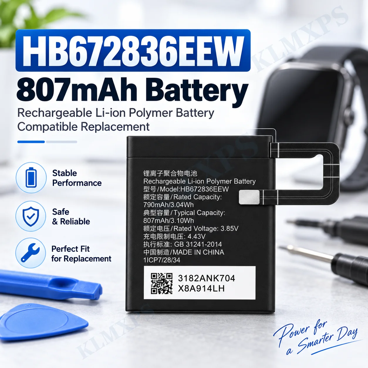 HB672836EEW Battery 3.85V 807mAh Rechargeable Battery Replacement for Honor Kids Watch 4 / 4 Pro / GS Pro Watch 3 withTool