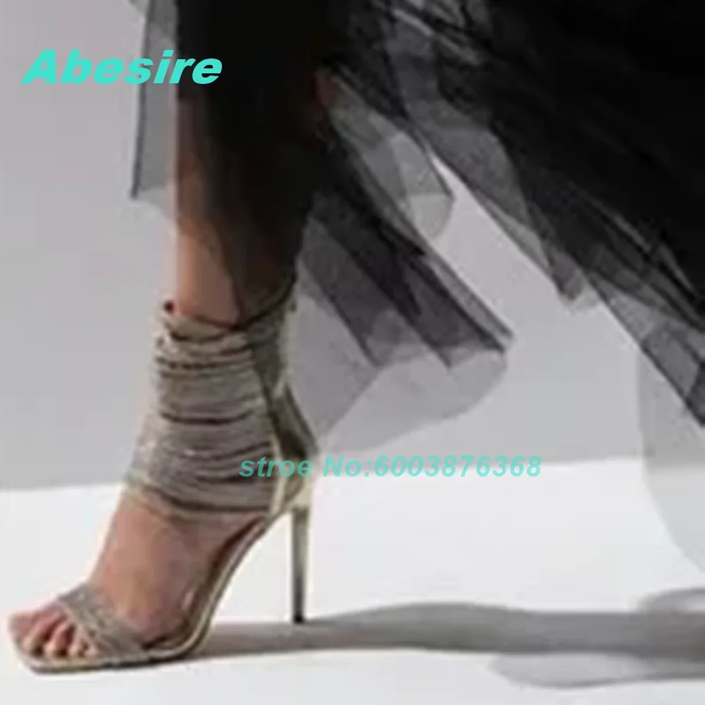 Silver Rhinestone Wrapped Ankle Cuff Women's Sandals Bling Square Toe Sandals Stiletto Heel Sexy Glitter Y2K Party Fashion Shoes