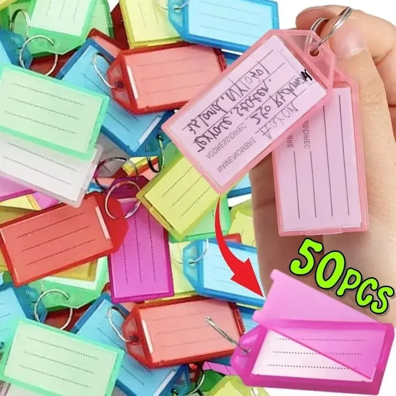 5-50pc Coloful Key Tags Plastic Split Key Ring Paper Labels Clear Flexible Key Organizer DIY Item Room Identifiers Luggage Tag