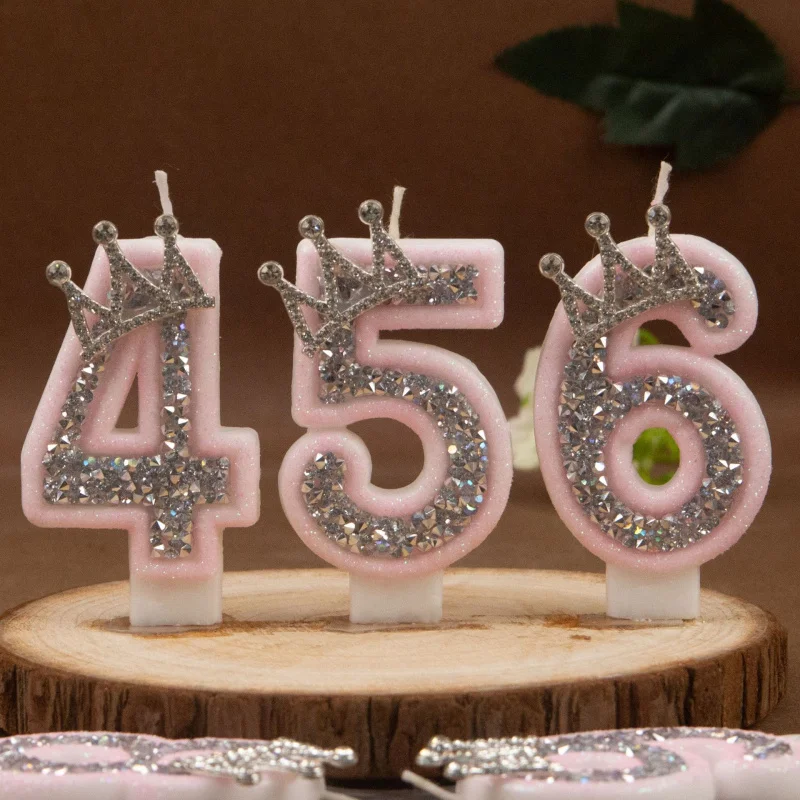 Digital Candles 0-9 Pink Silver Rhinestone Crown Creative Cake Decorative Birthday Candles