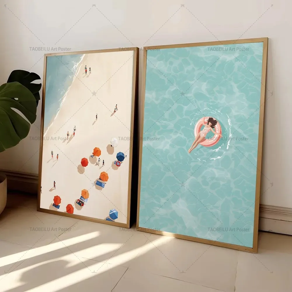Nordic Summer Girl Swimming Pool Party Beach Ocean Boat Canvas Poster Aesthetic Wall Art Print Modern Living Room Home Decor