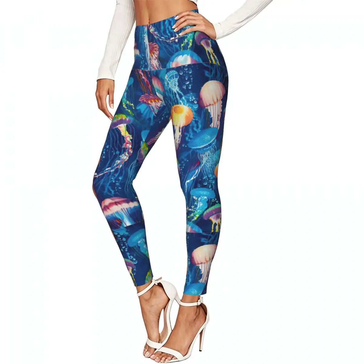 Casual Ladies Slim Leggings Colorful Jellyfish Elastic High Waist Sports Daily Wear Trousers