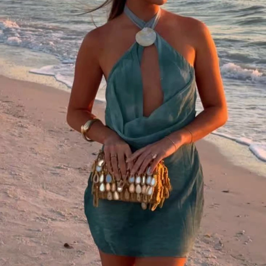 Strand Dames Halterneck Backless Mini-jurk Sexy Stijlvolle Tie Dye Decoratieve Shell Mouwloze Col Jurk