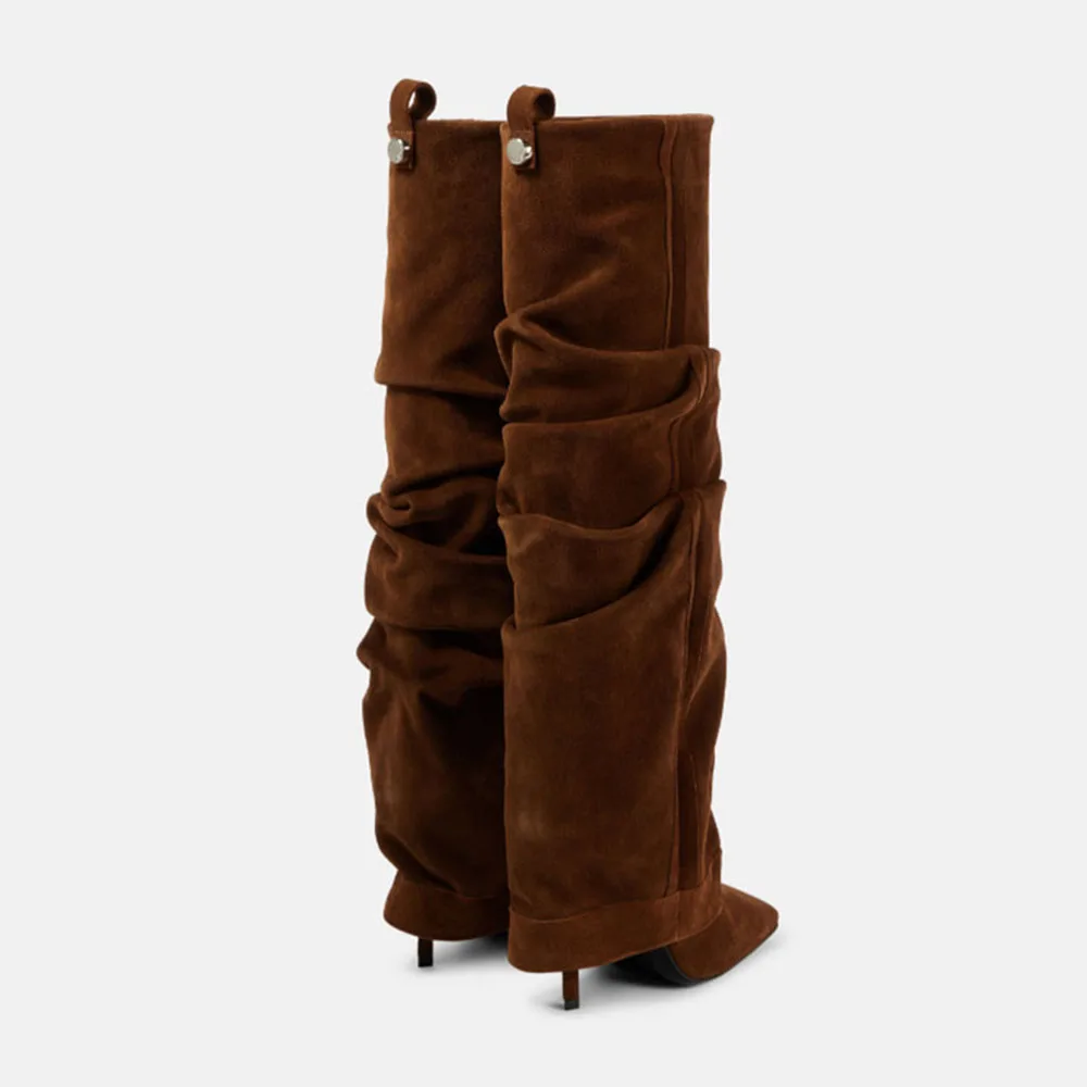 Arden Furtado joelho camurça botas altas, plissadas apontou sobre a borda botas modernas, Toe quadrado slip-on salto stiletto super alto, outono