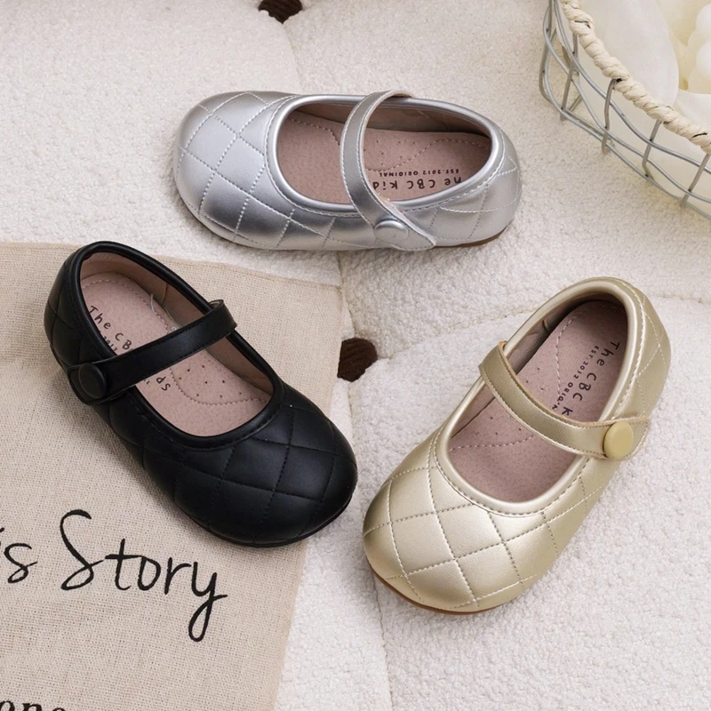 Claladoudou Retro Simple Flats Shoes For Kids Girls,Solid Gold Silver Black Sewing Dress Shoes Children Princess,Soft Woman Shoe